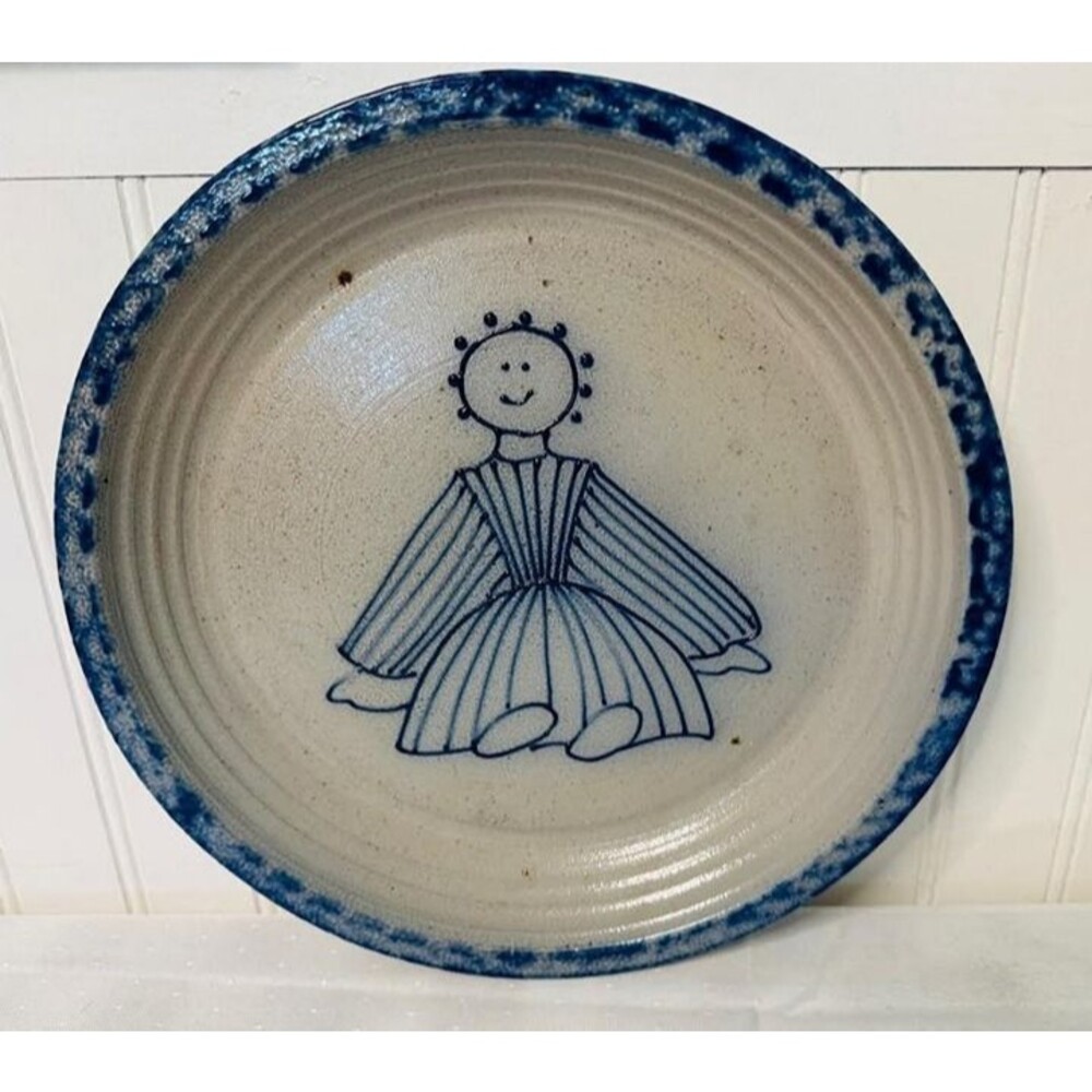 VINTAGE ELDRETH POTTERY (PA) STONEWARE SPONGE PAINT POTTERY SIGNED PLAT